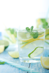 Glasses with lemon and lime lemonade	