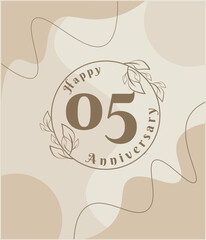05 year anniversary, minimalist logo. brown vector illustration on Minimalist foliage template design, leaves line art ink drawing with abstract vintage background.