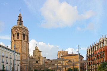 Panoramic view of the Micalet tower next to the Valencia Cathedral from the renovated Plaza de la Reina