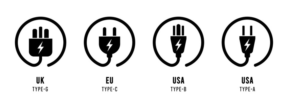 Electricity outlet socket power plug icon set. USA, EU and UK power plug buttons.