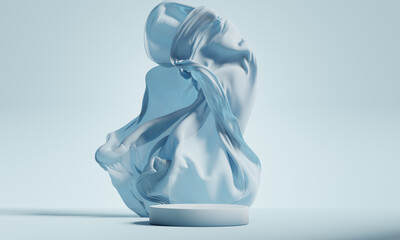 3D display podium, pastel blue background with pedestal and flying silk cloth curtain. Frosting Cold wind. Nature Beauty, cosmetic product presentation stand. Luxury winter mockup. 3d render template.