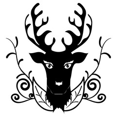 silhouette of a deer with antlers and flowers on the background. Vector illustration