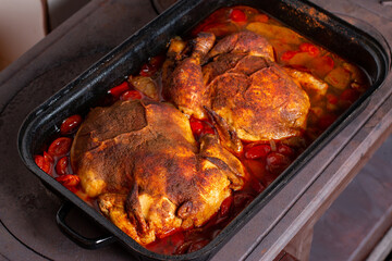 Roast chicken whole. Served with vegetables, festive table menu concept background