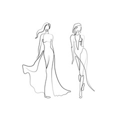 Beautiful fashion woman abstract silhouette, continuous line drawing, girl in long dress, single line on a white background, isolated vector illustration. Tattoo, print and logo design, beauty salon.
