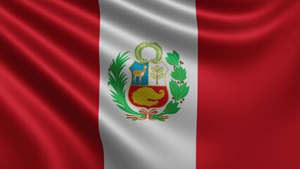 Render of the Peru flag flutters in the wind close-up, the national flag of Peru flutters in 4k resolution, close-up, colors: RGB. High quality 3d illustration