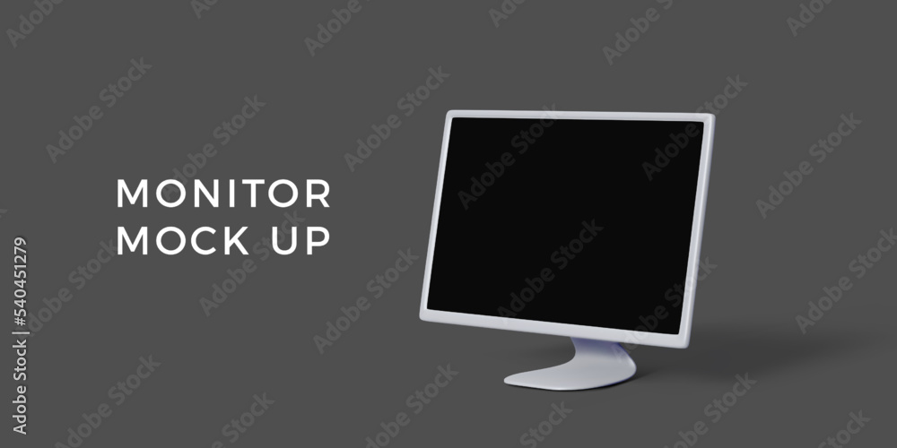 Poster pc monitor mock up in 3d style. personal computer display with black screen