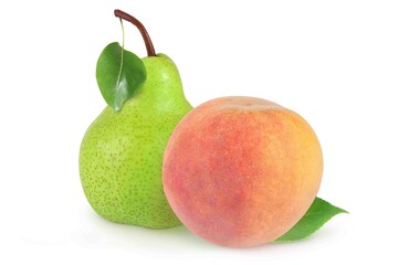 Pear and peach on an isolated white background.