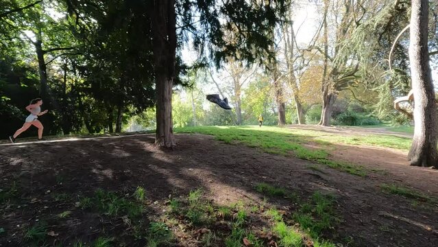 Un pigeon s'envole et des personnes courent dans un parc, 119,88fps ralenti X4 - 29,97fps