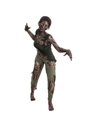 Isolated 3D illustration of a zombie woman in torn clothes chasing her victim.