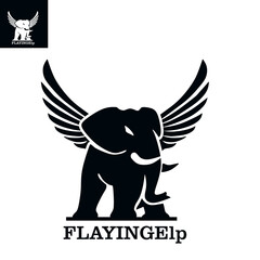 flaying elephant logo, great silhouette of black huge animal winged vector illustrations