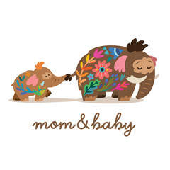 Baby mammoth following her mom with floral inside. Sweet logotype - 540453476