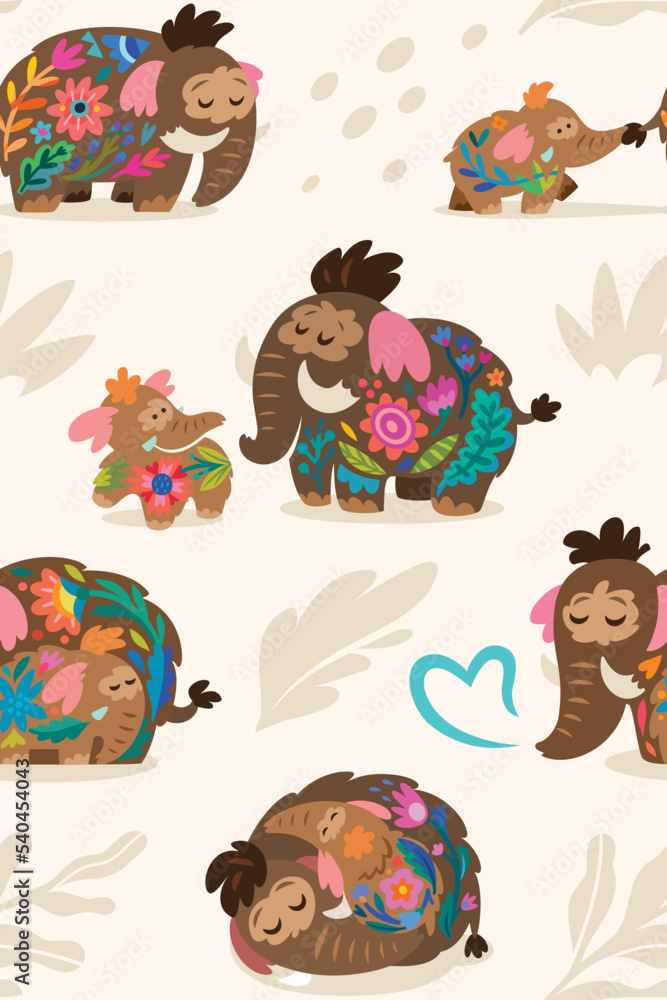 Wall mural lovely seamless pattern. baby mammoth following her mom with floral inside.