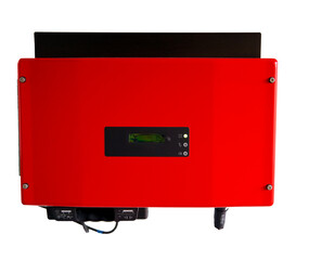 Red inverter converting solar energy into alternating current, renewable energy supply, closeup....