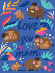 Fototapeta na wymiar Love you mom. Print with baby mammoth following her mom among mountains, leaves and berries