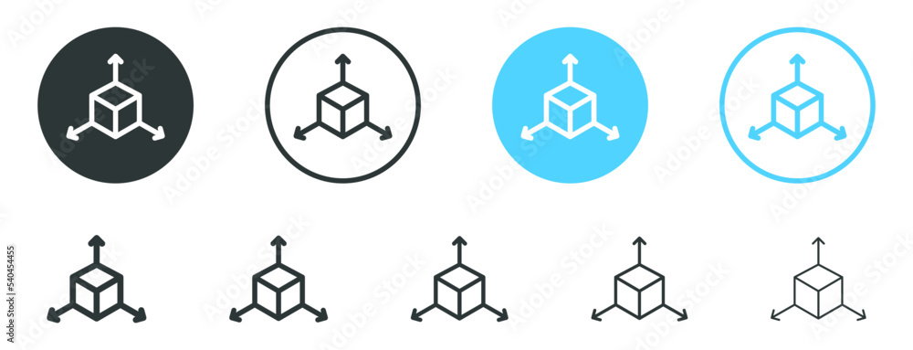 Poster Cube icon with three arrows direction sign vector, Augmented reality. dimensions cube icon symbol, cubic box icon . 3D Cube line icon, transform move cube icon Hexagon Logo for website mobile apps