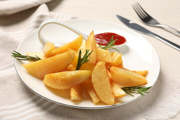 Plate with tasty baked potato wedges, rosemary and sauce on table, closeup
