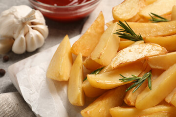 Tasty baked potato wedges, garlic and rosemary on table, closeup