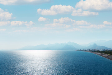 Panoramic view of the Antalya coast of Turkey.Mountains in the distance. High quality photo