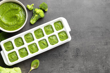 Broccoli puree in ice cube tray ready for freezing on grey table, flat lay. Space for text
