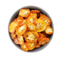 Bowl of cut dried kumquat fruits isolated on white, top view