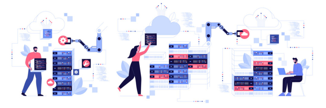 People characters developing software program and mobile app. Developers programming and writing program code. Programming and engineering development process concept. Vector illustration