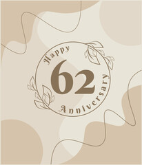 62 year anniversary, minimalist logo. brown vector illustration on Minimalist foliage template design, leaves line art ink drawing with abstract vintage background.