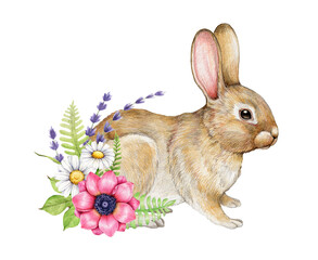 Cute little bunny with flower decor. Watercolor hand drawn illustration. Springtime small rabbit with garden floral decoration. Anemone, daisy, fern, lavender flower with bunny on white background