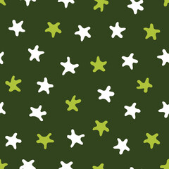 Stars pattern. Seamless vector illustration. Light green and white elements on a green background. Great for backdrop decoration, cards, wallpaper, textiles, fabric, wrappers, additions to the design.