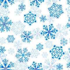 Seamless winter pattern with blue non-transparent and translucent snowflakes arranged chaotically on a white background. Watercolor illustration. Design for wrapping paper, wrap, cover, fabric.