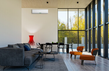 large luxury modern bright interiors living room with air conditioning mockup illustration 3D rendering