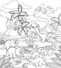 Fototapeta na wymiar Dinosaur Cartoon Prehistoric Landscape Scene