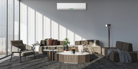 large luxury modern bright interiors living room with air conditioning mockup illustration 3D rendering