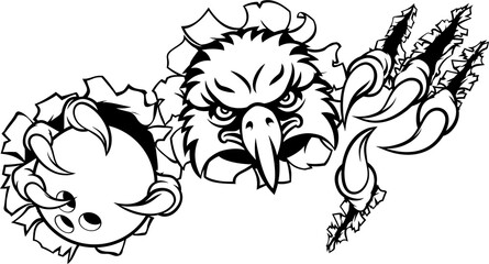 Eagle Bowling Cartoon Mascot Tearing Background