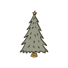 Simple Christmas tree. Pine with star. Colorful winter design doodle illustration in flat cartoon style.