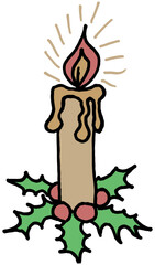Outline vector freehand drawing of a burning candle in a wreath of holly branches. Simple cartoon clipart isolated on transparent background