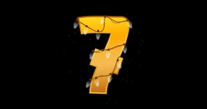 Number 7 animation. Digits with glowing christmas lights and bulbs. Festive decorative glowing symbol 7 for birthday count. 60 FPS 4K with transparent background. Light switching on and off.