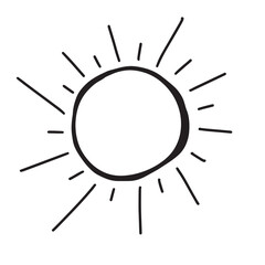 Cute cartoon hand drawing sun. Sweet vector black and white drawing of the sun. Isolated monochrome doodle sun pattern on white background.