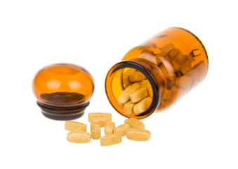 Full vintage apothecary glass bottle with open lid and spilled pills, PNG isolated on transparent background