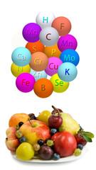 Fototapeta na wymiar fruits and trace elements in the form of balls with the designation of a trace element on a white background. 3D-rendering
