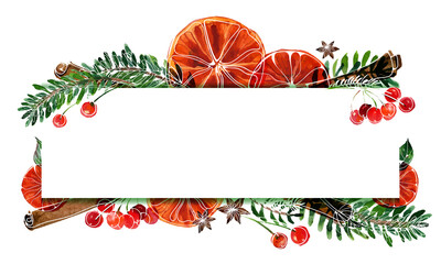 Christmas text space frame with watercolor fir-tree and oranges