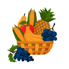 A wicker basket full of fruit. Corn cob, pineapple, bunch of grapes, bananas, apple, pear. Autumn harvest. Vegetarian, farm products. Cartoon color vector illustration isolated on a white background