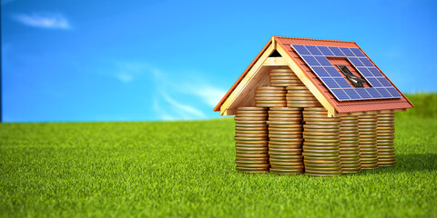 Stack of coins under the roof with solar panels.  Money saved  by using solar energy. - obrazy, fototapety, plakaty