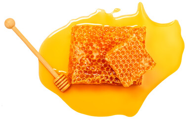 Honey stick and  Honeycomb isolated on white background, top view.