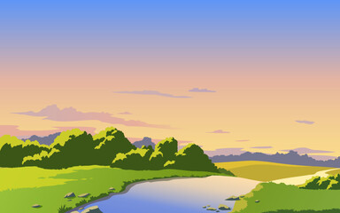 Vector landscape with river, sky and clouds. Sunset. Anime cartoon style. Background design
