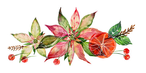 Christmas watercolor composition with poinsettia and red berries