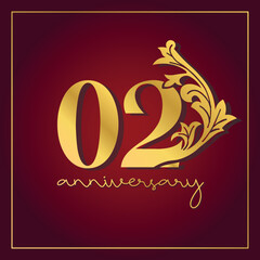 02nd Anniversary celebration banner with  on red background. Vintage Decorative number vector Design.