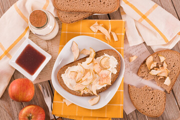 Rye bread with apple in crispy slices with skin.