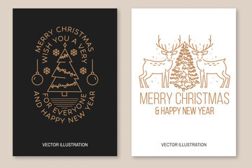 Merry Christmas and Happy New Year flyer, brochure, banner, poster with elk, forest landscape, christmas tree. Vector illustration. Line art design for xmas, new year emblem in retro style