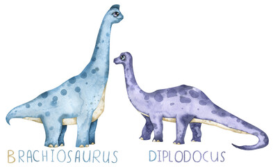 Watercolor set with cute dinosaurs. Blue and violet brachiosaurus and diplodocus
