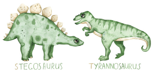 Watercolor set with vintage dino. Green stegosaurus and  tyrannosaur